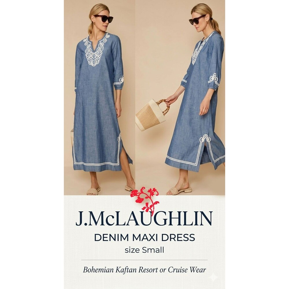 J.McLaughlin Small Pansy Lightweight Denim Blue Kaftan Maxi Dress Resort Cruise